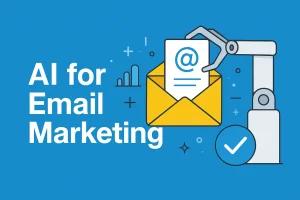 AI for Email Marketing illustration with envelope and robot arm.