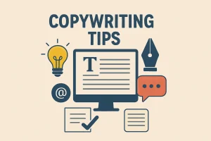 Flat illustration showcasing Copywriting Tips with icons of lightbulb, pen, computer screen, and documents for effective writing.
