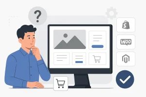 Illustration showing people comparing digital tools and charts to choose the best E-commerce Platforms.