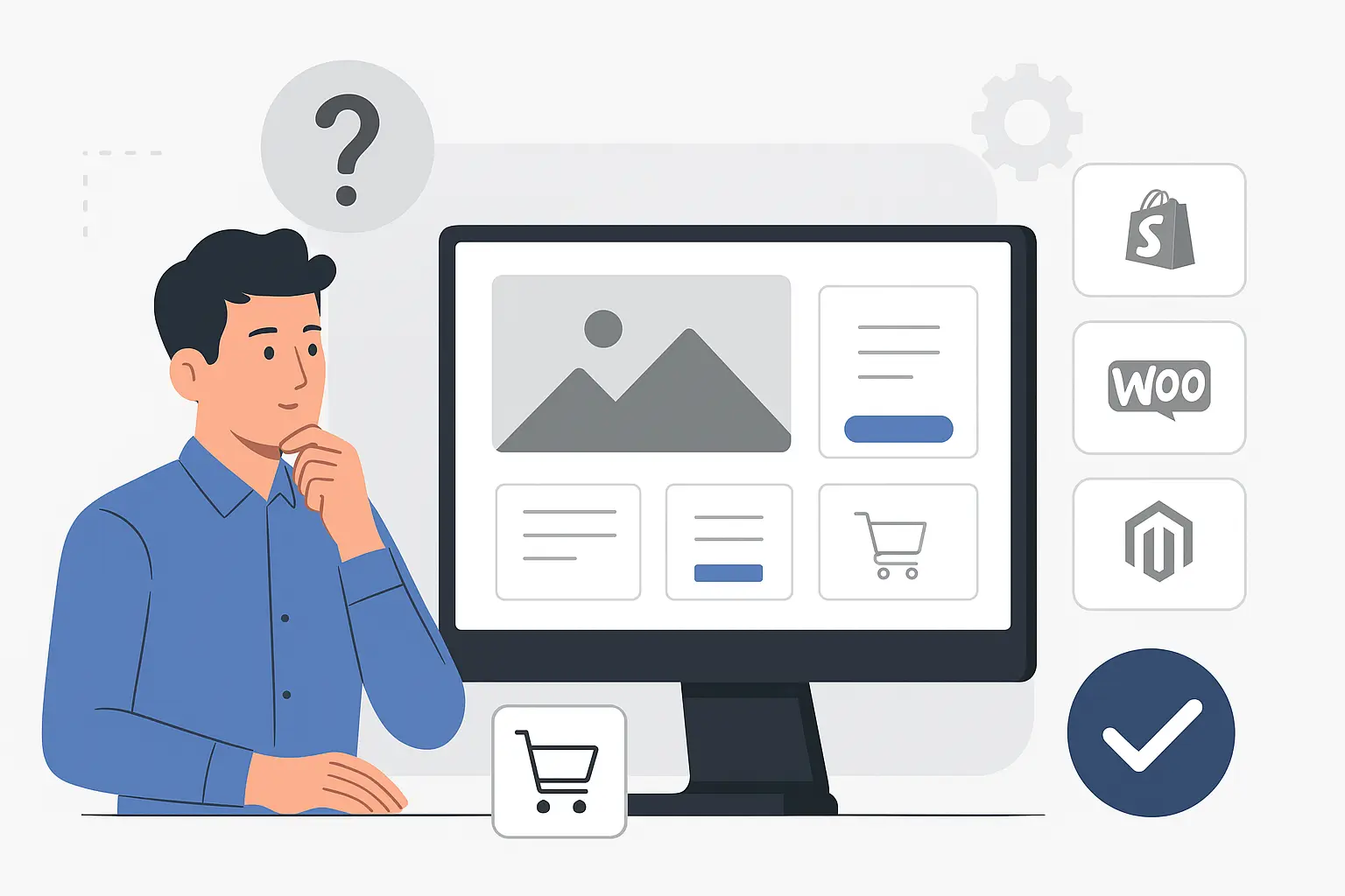 Illustration showing people comparing digital tools and charts to choose the best E-commerce Platforms.