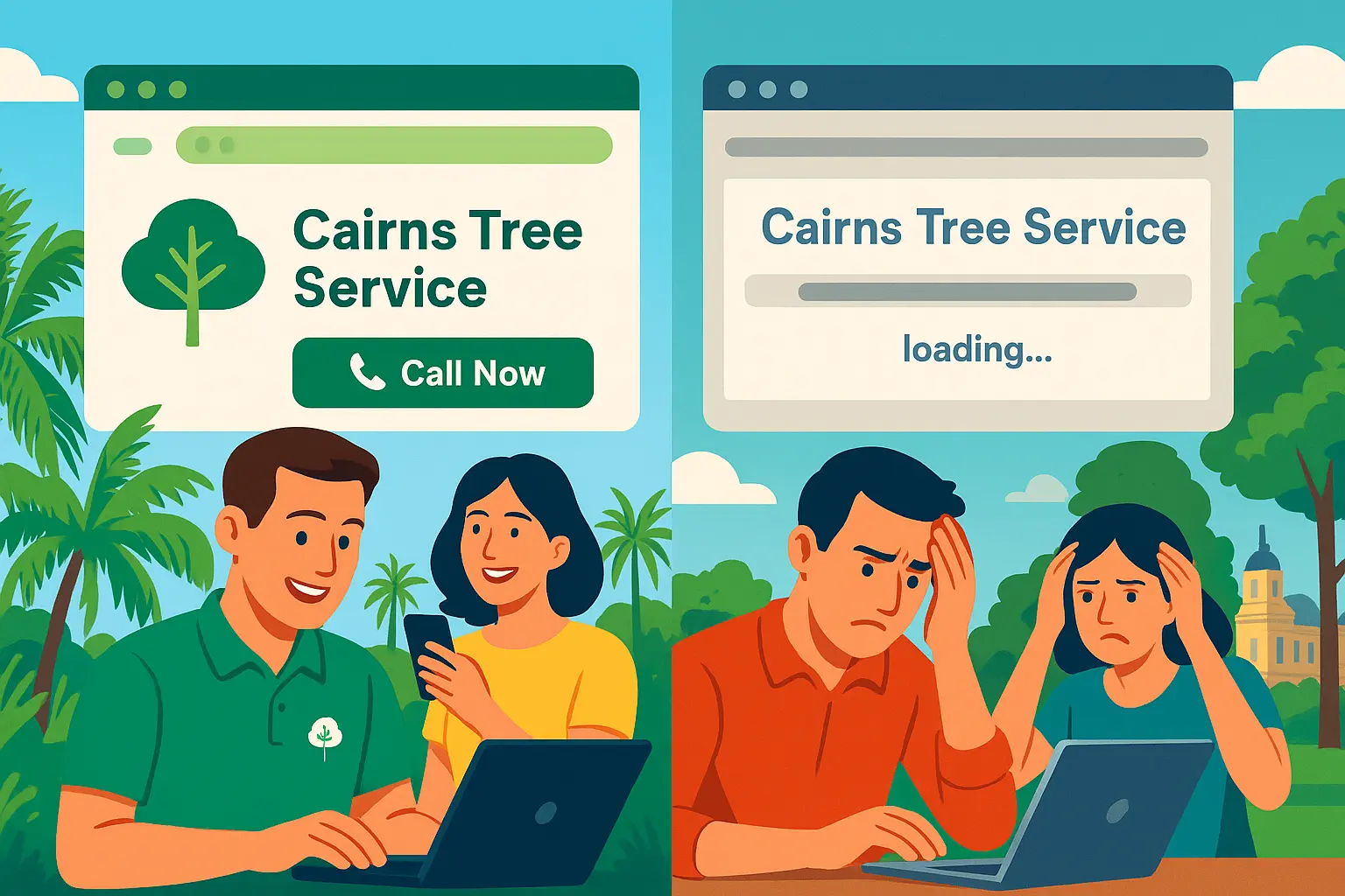 Split-screen illustration showing website loading speed impact on user experience.