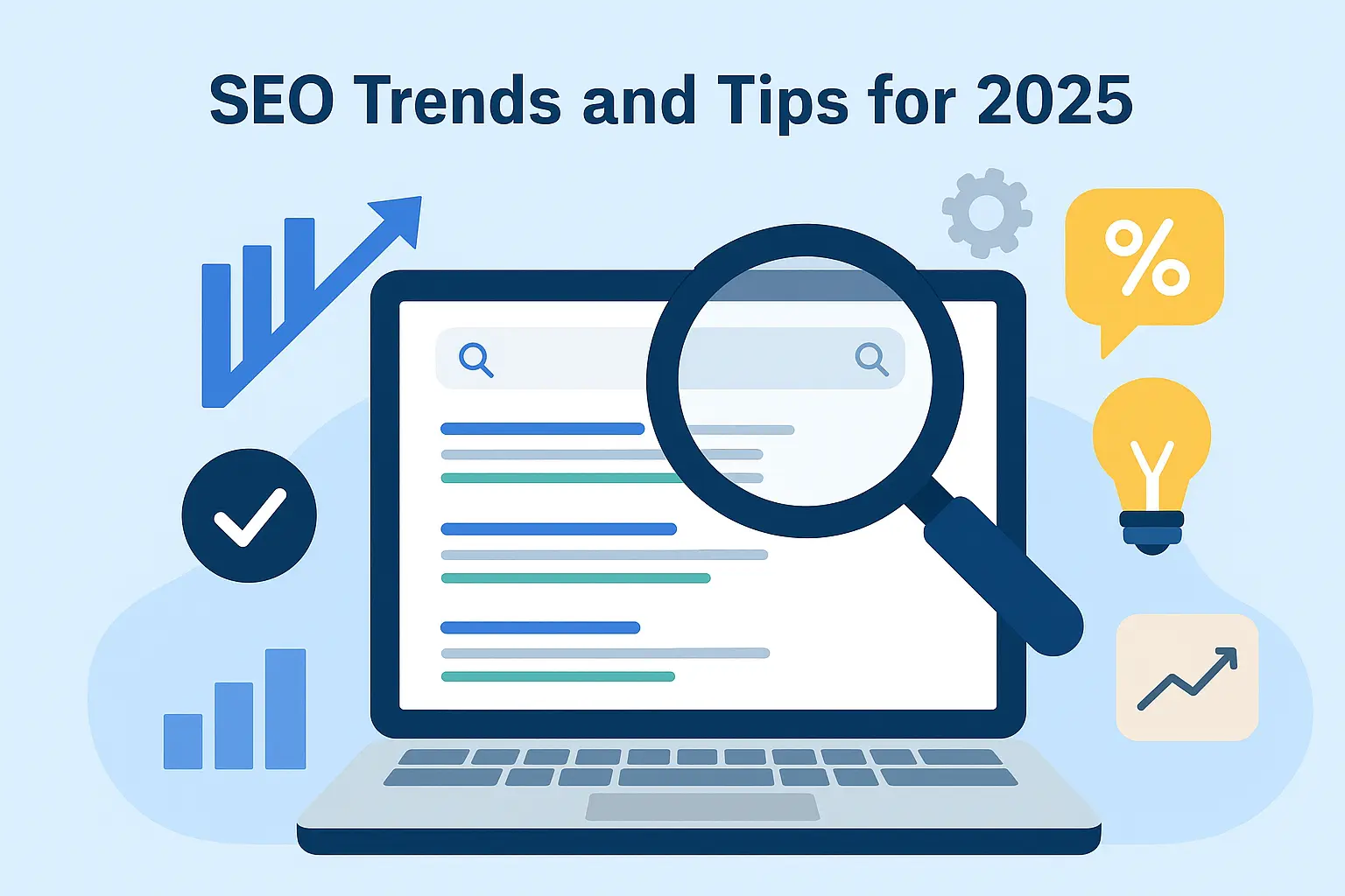 digital illustration showing seo tips and trends and future 2025 strategies