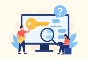 Illustration of keyword mapping with people, key, and flowchart