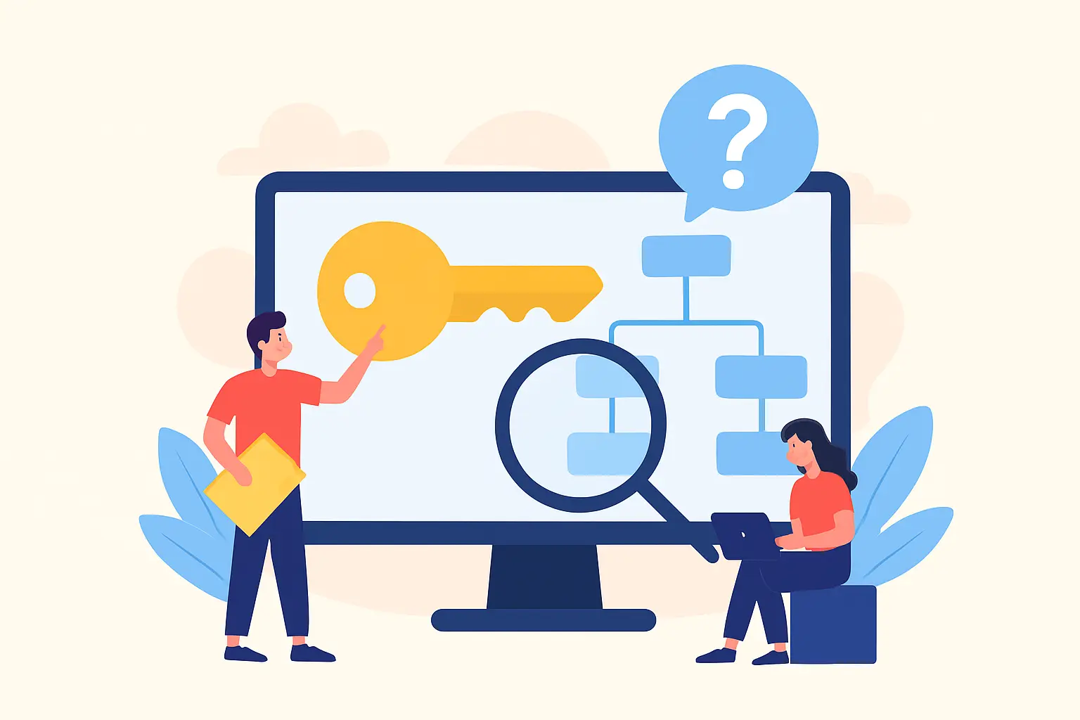 Illustration of keyword mapping with people, key, and flowchart