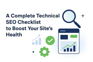 Technical SEO checklist illustration with charts, magnifying glass, and site health icons.