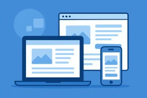Responsive web design illustration showing laptop, tablet, and smartphone.