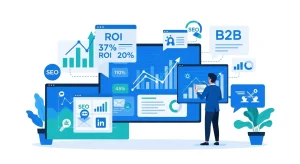 Illustration of a B2B digital marketing team analyzing data, charts, and conversion funnels, highlighting strategies like SEO, content marketing, LinkedIn, email automation, and ROI growth.