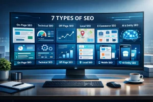 Illustration of a modern digital dashboard showing different SEO types like technical, local, mobile, and AI-focused SEO in a futuristic workspace.