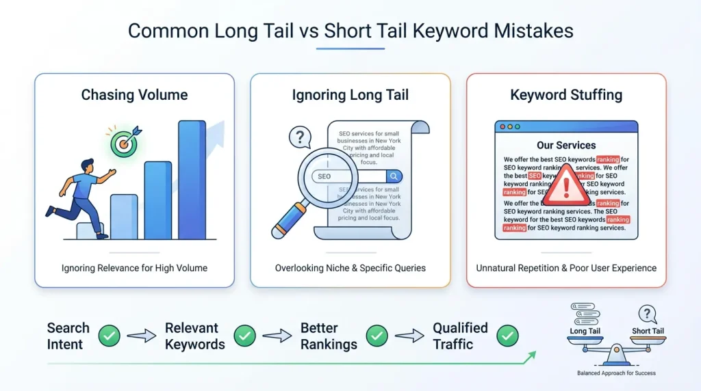 Infographic showing common long tail vs short tail keyword mistakes and the best SEO strategy for improving rankings and qualified traffic.