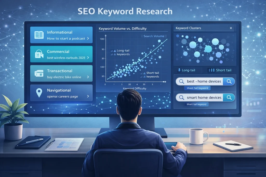 Landscape illustration of SEO keyword research showing intent types, keyword difficulty charts, and search analytics.