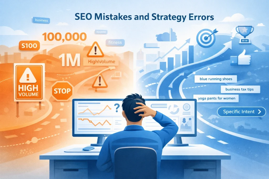 Visual of a marketer avoiding SEO errors by focusing on specific, intent-driven keywords.