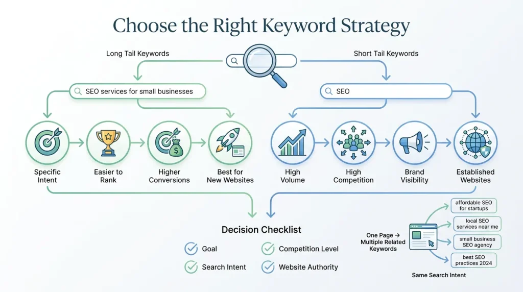 An infographic showing how to choose between long tail and short tail keywords for SEO strategy.