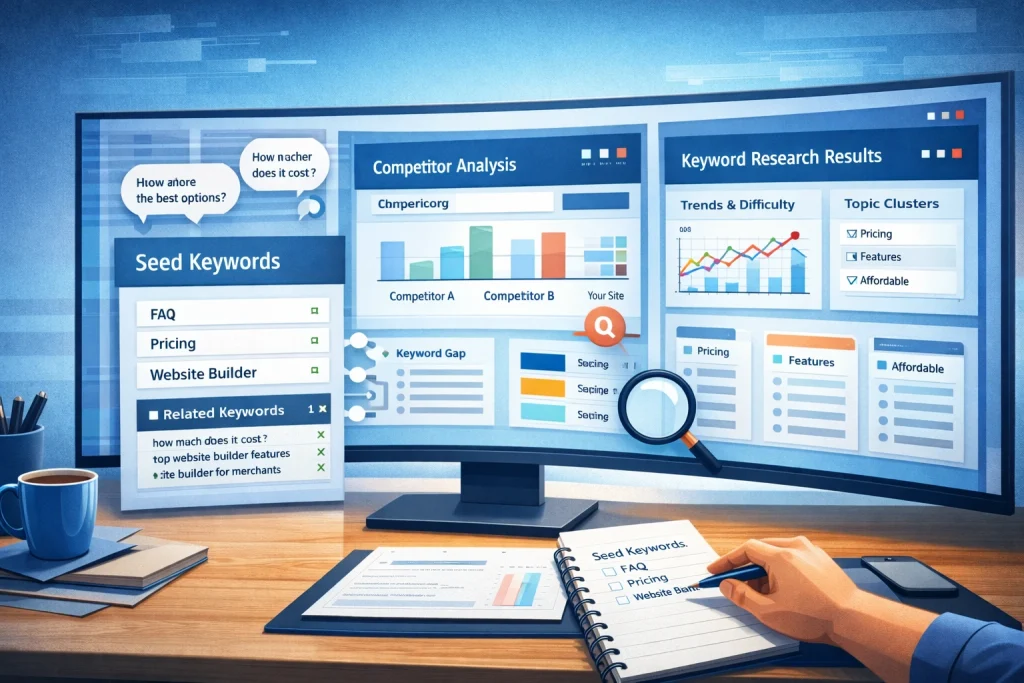 Marketer researching high-ranking keywords using seed ideas, trend tools, and competitor analysis on a widescreen dashboard.