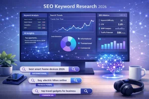 Illustration of modern SEO keyword research with analytics, trends, and AI-driven insights on screen.