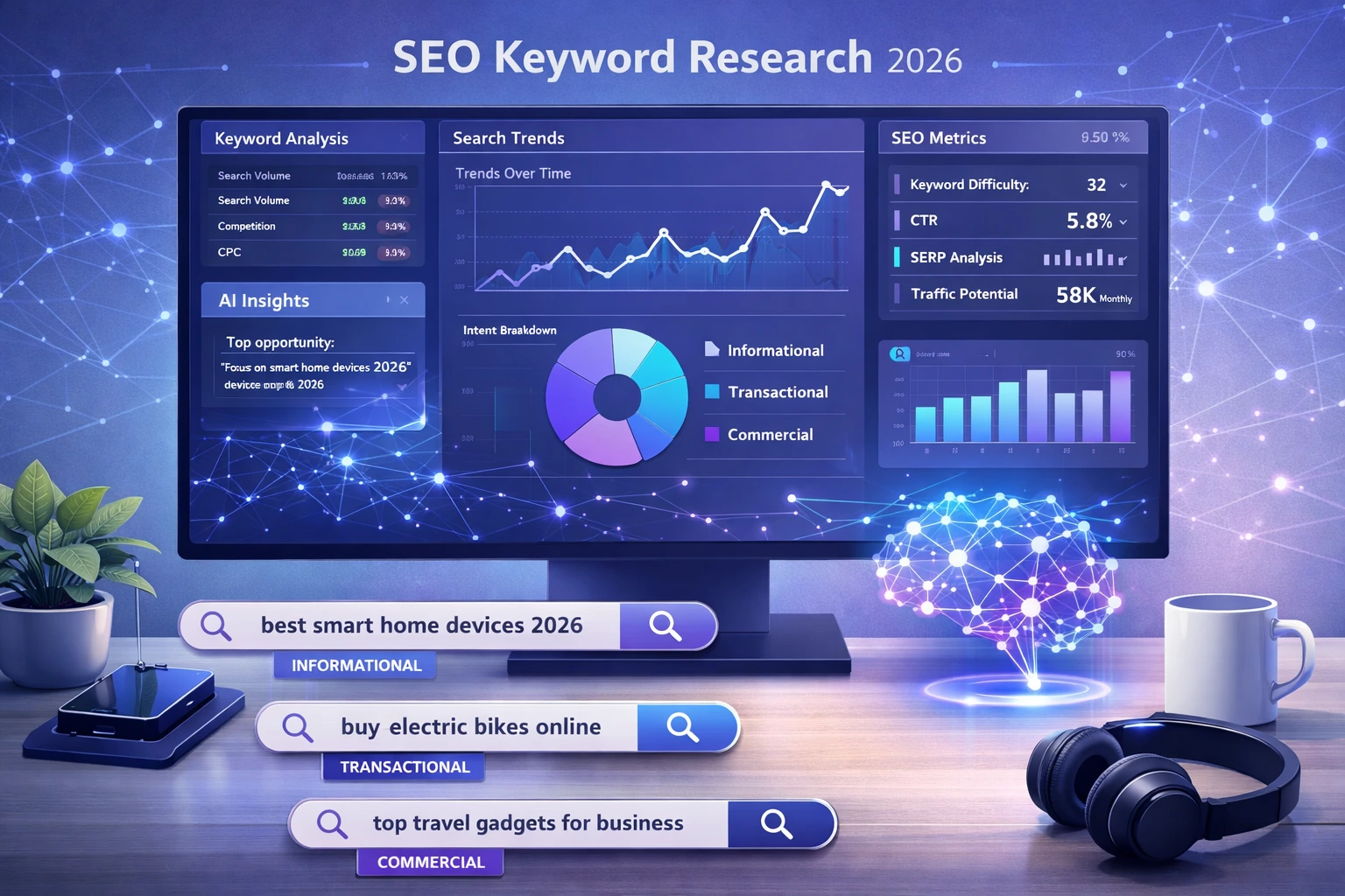Illustration of modern SEO keyword research with analytics, trends, and AI-driven insights on screen.