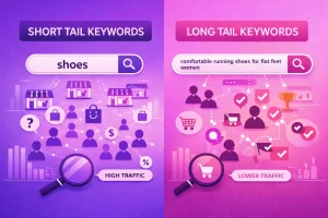 Visual of SEO keyword strategy with long tail vs short tail keywords searches leading to different traffic quality and intent.