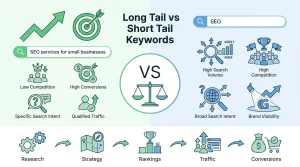 Long tail vs short tail keywords infographic comparing search volume, competition, search intent, and conversion potential for SEO.