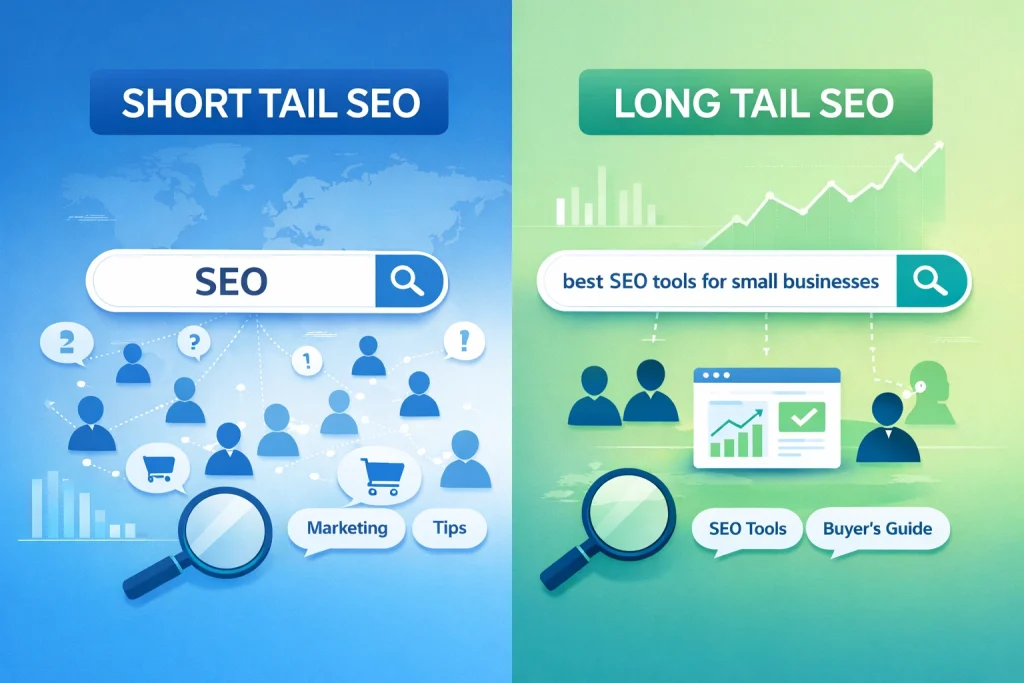 Comparison illustration of short-tail vs long-tail keywords showing differences in search volume, competition, and intent.