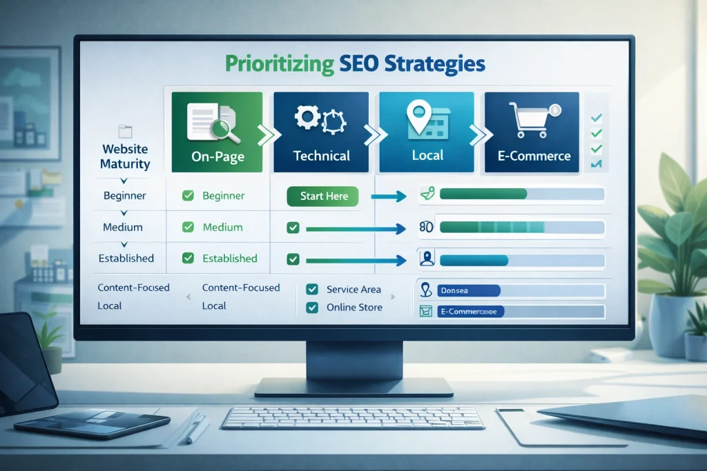 Illustration showing a modern SEO prioritization dashboard, highlighting which types of SEO—on-page, technical, local, or e-commerce—to focus on first for different businesses.