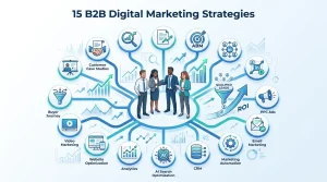 B2B digital marketing strategies infographic showing SEO, content marketing, ABM, PPC, LinkedIn, AI search, automation, and analytics driving qualified leads and ROI.