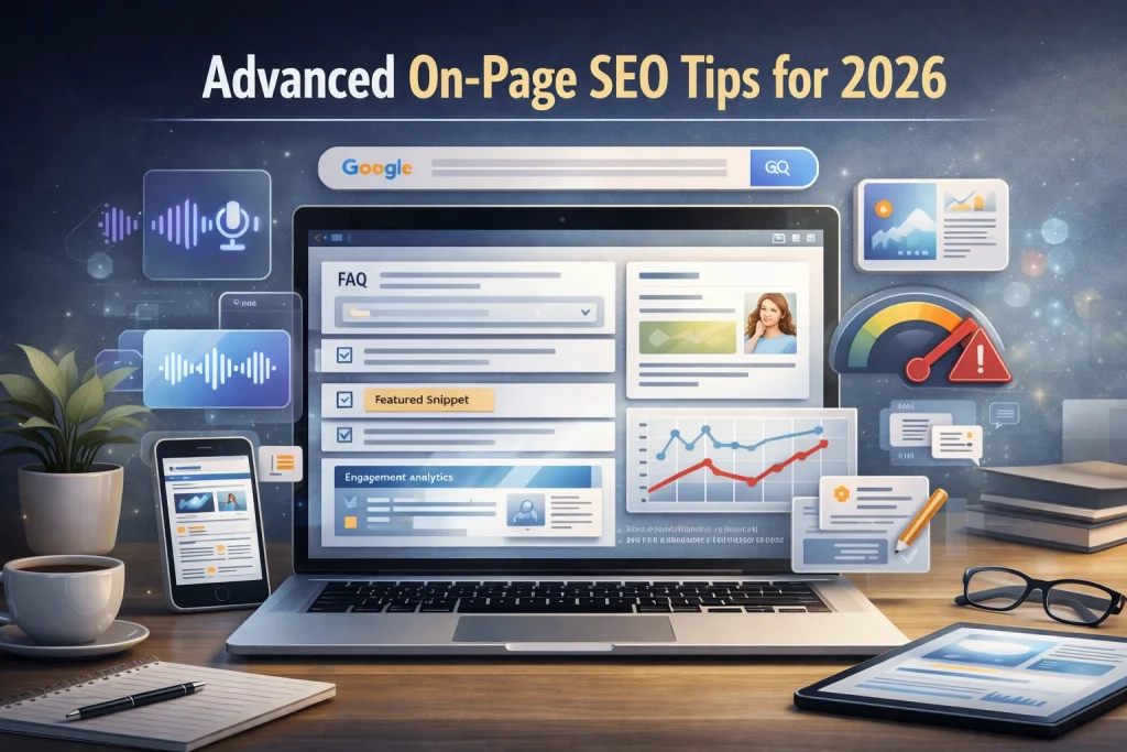 Laptop showing AI-focused SEO elements such as FAQ blocks, voice search, engagement metrics, and content optimization tools.