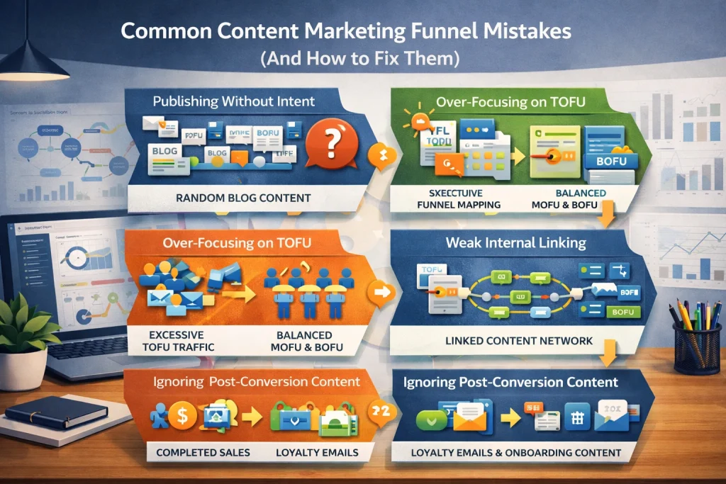Professional digital marketing diagram explaining Common Content Marketing Funnel Mistakes (And How to Fix Them) through structured fixes for content flow and conversions.