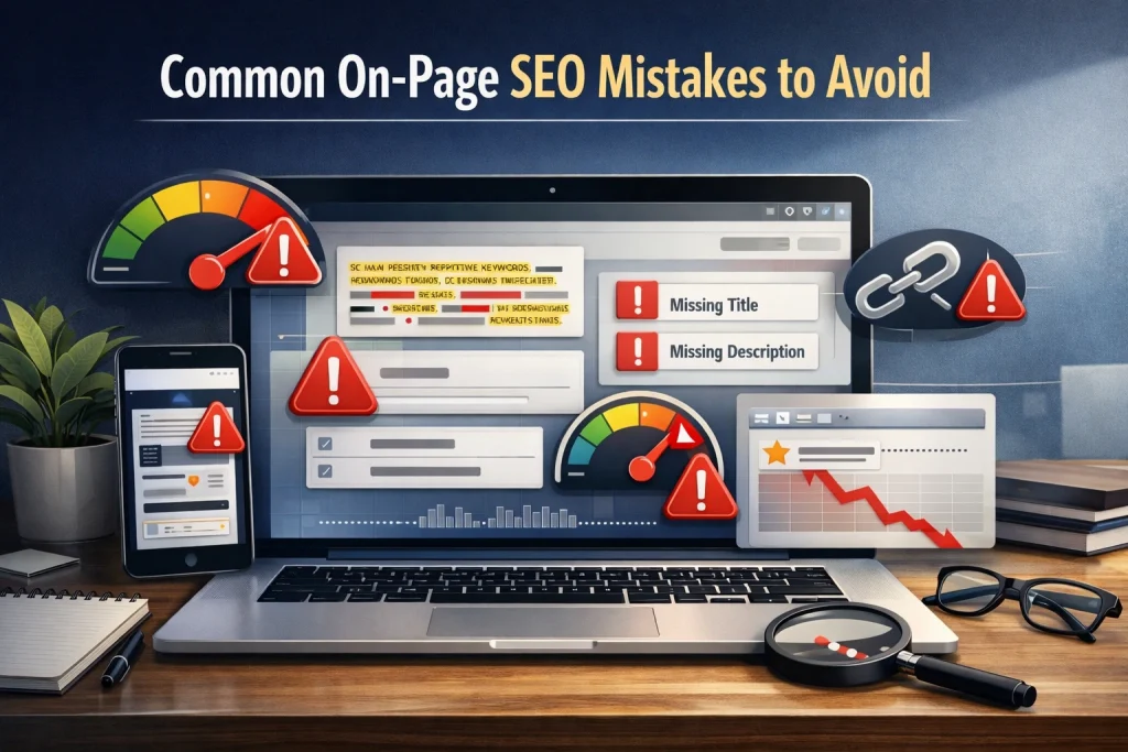 Laptop displaying SEO audit warnings for keyword stuffing, slow page speed, missing meta tags, and poor site structure.