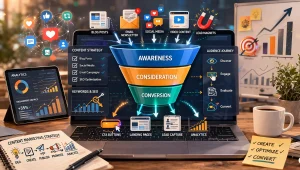 Professional digital marketing workspace featuring a Content marketing funnel with content flow, analytics dashboard, and customer journey conversion stages.