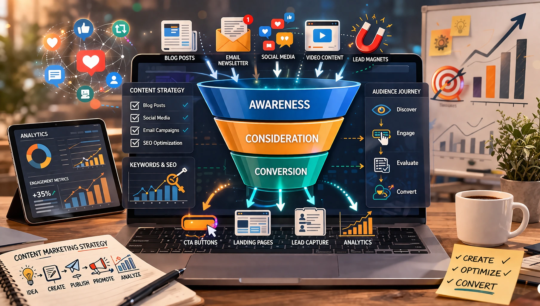 Professional digital marketing workspace featuring a Content marketing funnel with content flow, analytics dashboard, and customer journey conversion stages.
