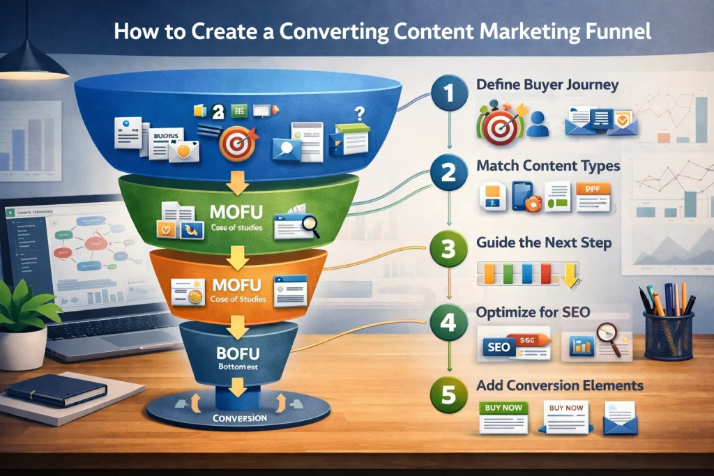 Professional digital marketing diagram explaining How to Create a Converting Content Marketing Funnel with TOFU, MOFU, BOFU, SEO, and CTA elements.