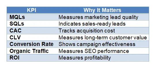 A B2B digital marketing strategies KPI table showing MQLs, SQLs, CAC, CLV, conversion rate, organic traffic, and ROI.