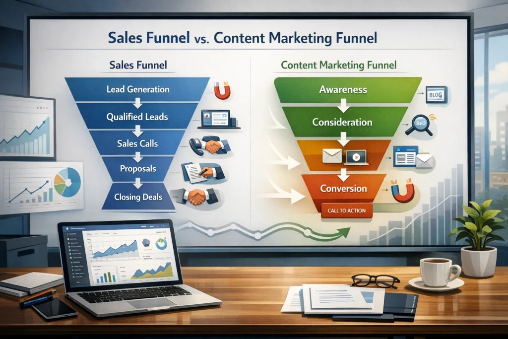 Professional comparison graphic of Sales Funnel vs. Content Marketing Funnel showing lead conversion paths, content nurturing, and sales stages.