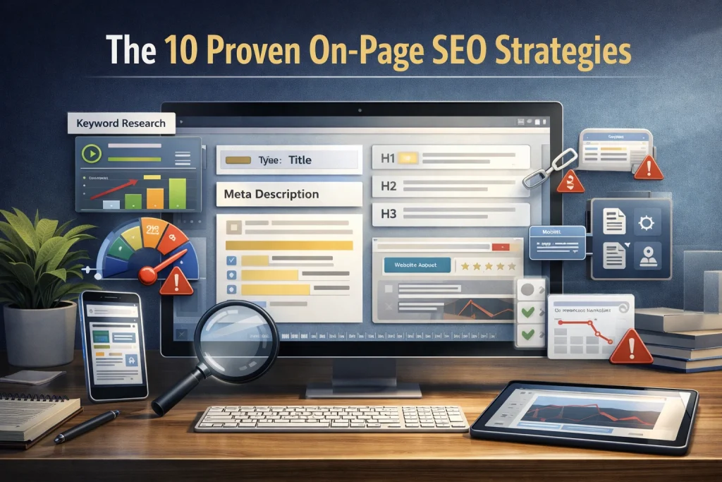 Desktop screen showing keyword research, content structure, and on-page SEO optimization elements for website ranking improvement.