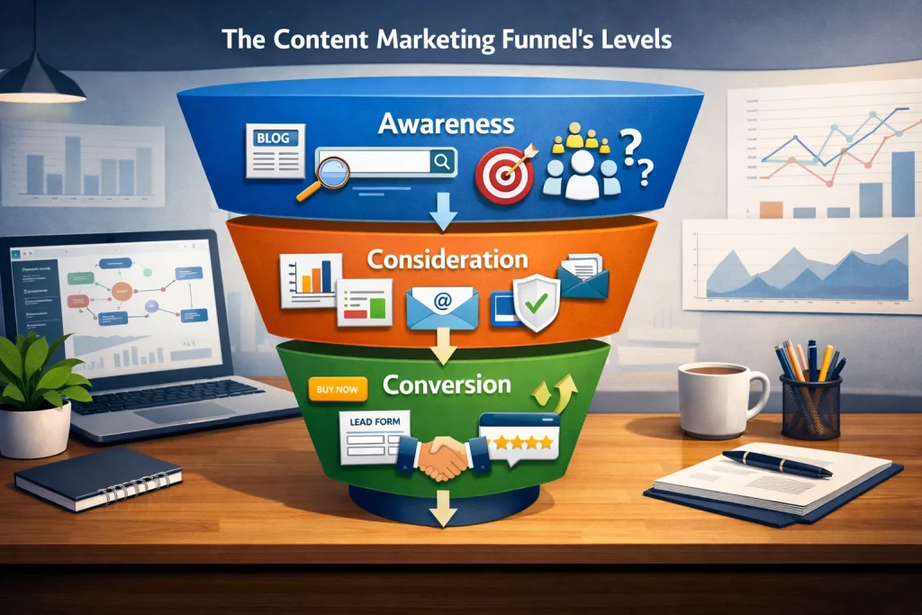 Illustration showing The Content Marketing Funnel's Levels with Awareness, Consideration, and Conversion stages in a visual funnel with digital marketing elements.