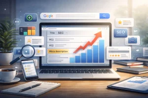 What is on-page SEO visualized on a laptop showing dashboard, rankings, and webpage optimization elements in a professional digital marketing workspace