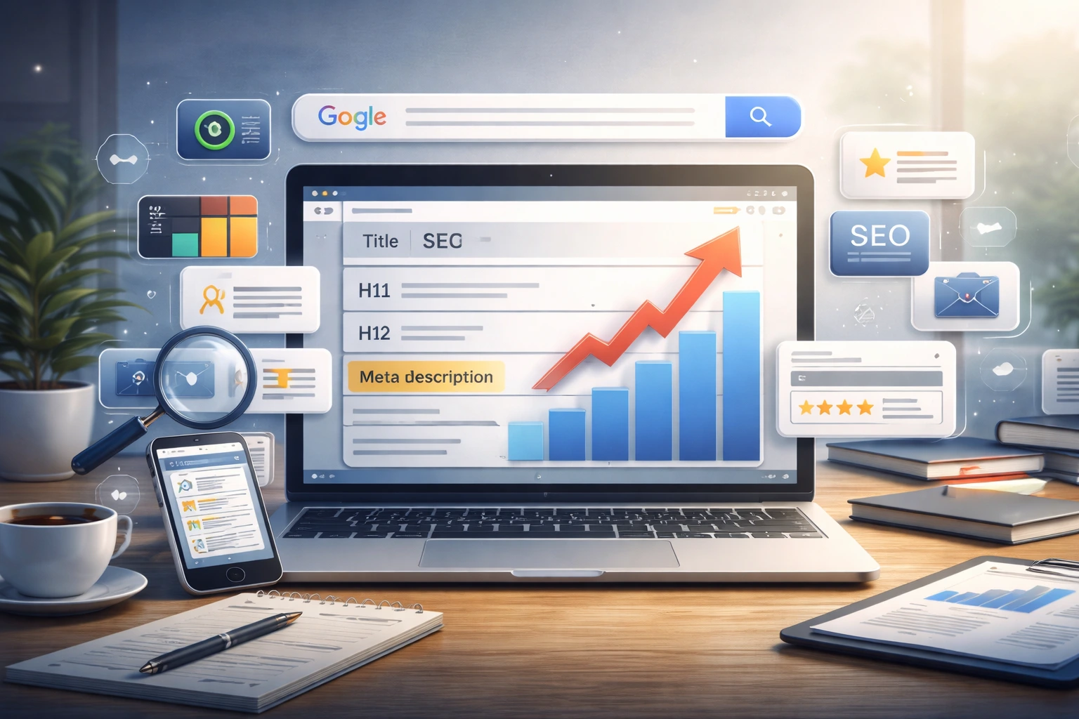 What is on-page SEO visualized on a laptop showing dashboard, rankings, and webpage optimization elements in a professional digital marketing workspace