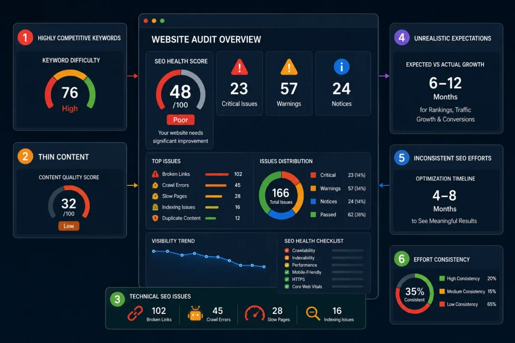 SEO infographic with a central website audit dashboard and surrounding SEO failure factors including competition, thin content, technical issues, unrealistic expectations, and inconsistent efforts.  