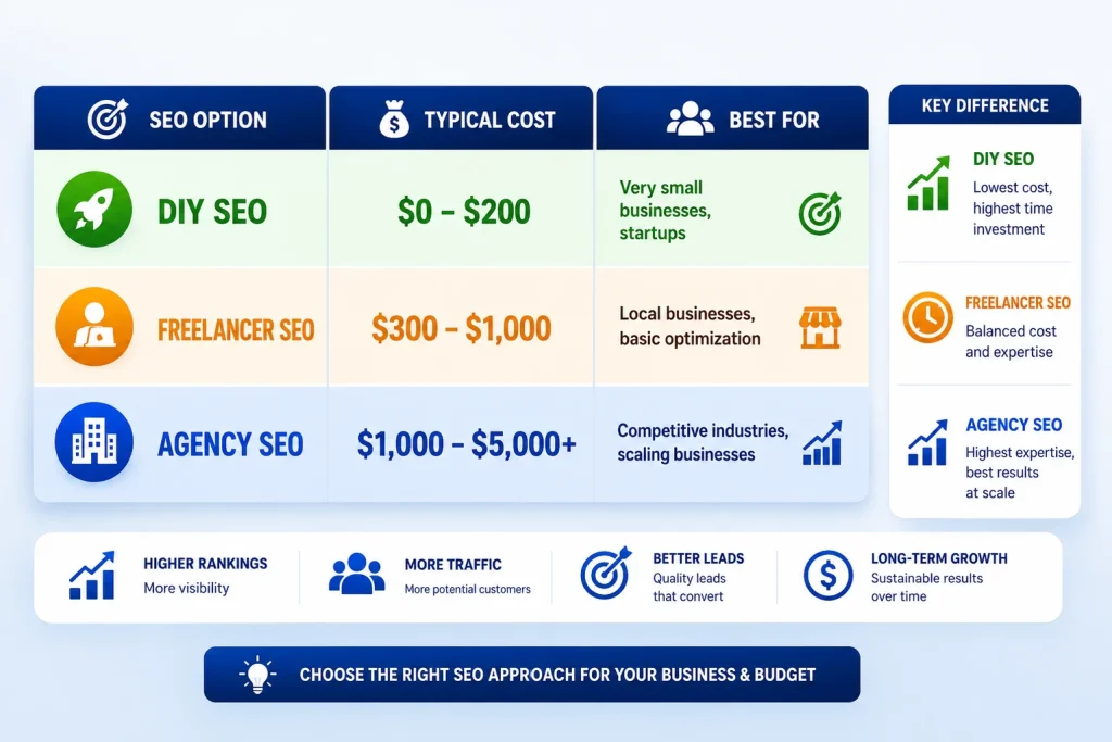 Comparison of SEO costs for small businesses, showing DIY SEO, freelancer SEO, and agency SEO pricing ranges along with the types of businesses each option best serves.
