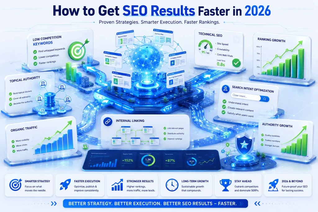 Illustration showing strategies to get SEO results faster, including technical optimization, keyword targeting, internal linking, topical authority, and growing organic traffic. Visual representation of accelerated website rankings and search visibility growth. 
