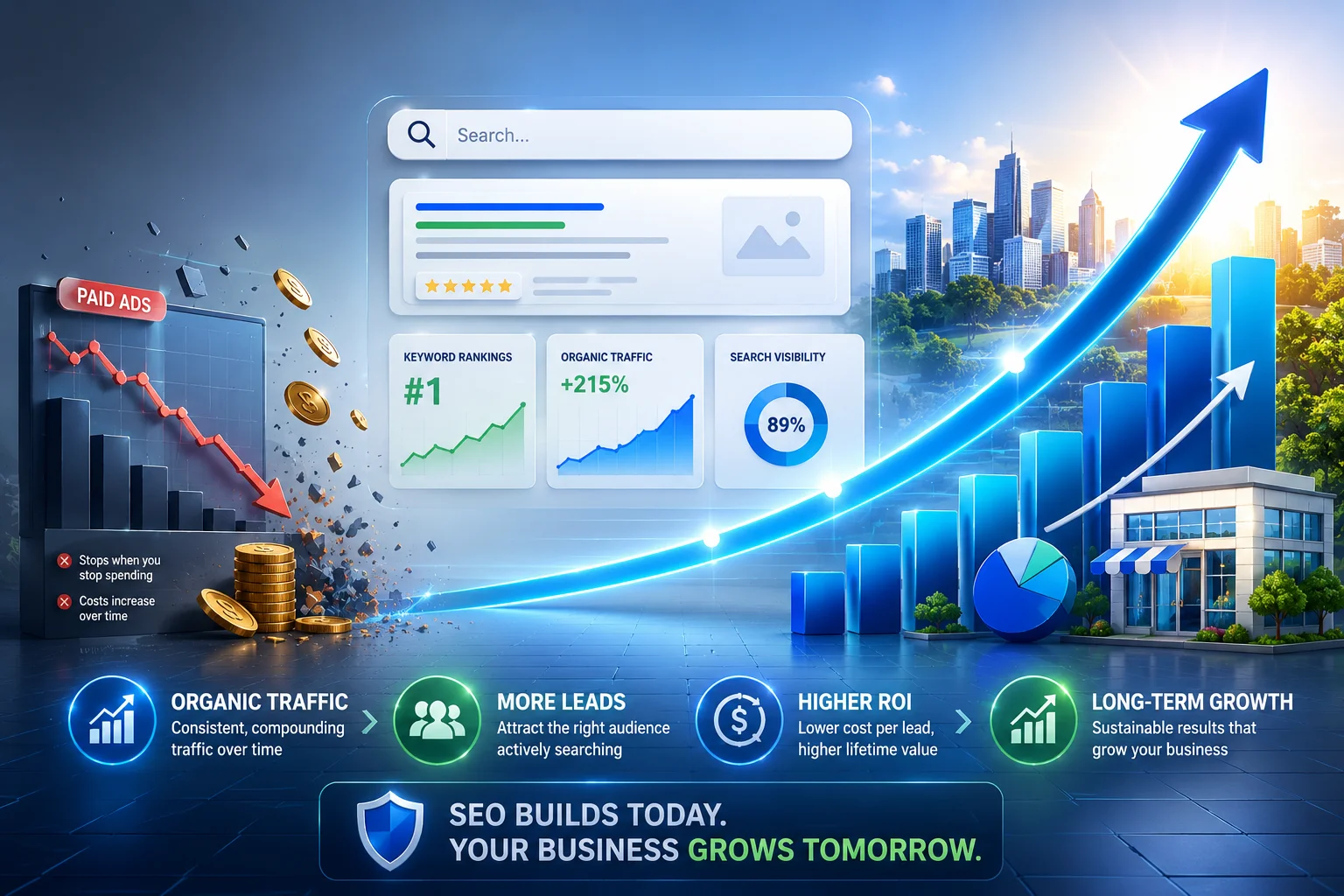 Is SEO worth it for small business? Modern infographic showing organic traffic growth, higher ROI, more leads, and long-term business growth compared to declining paid ads.