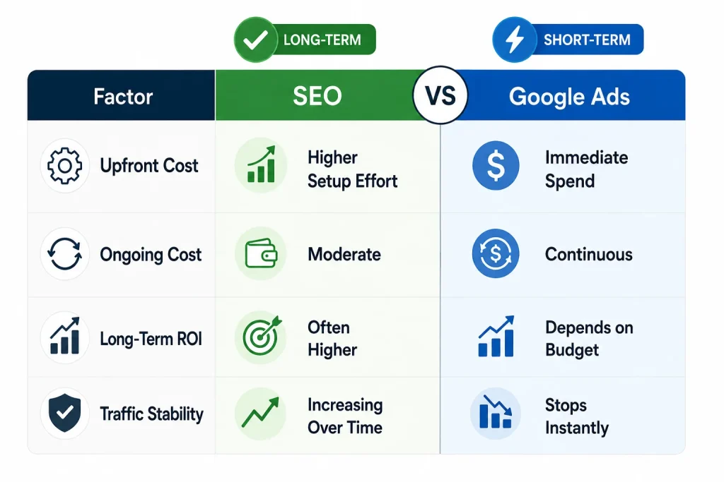 Comparison of SEO and Google Ads costs, ROI, and traffic stability, illustrating how SEO can provide long-term growth while paid ads deliver immediate but temporary results.
