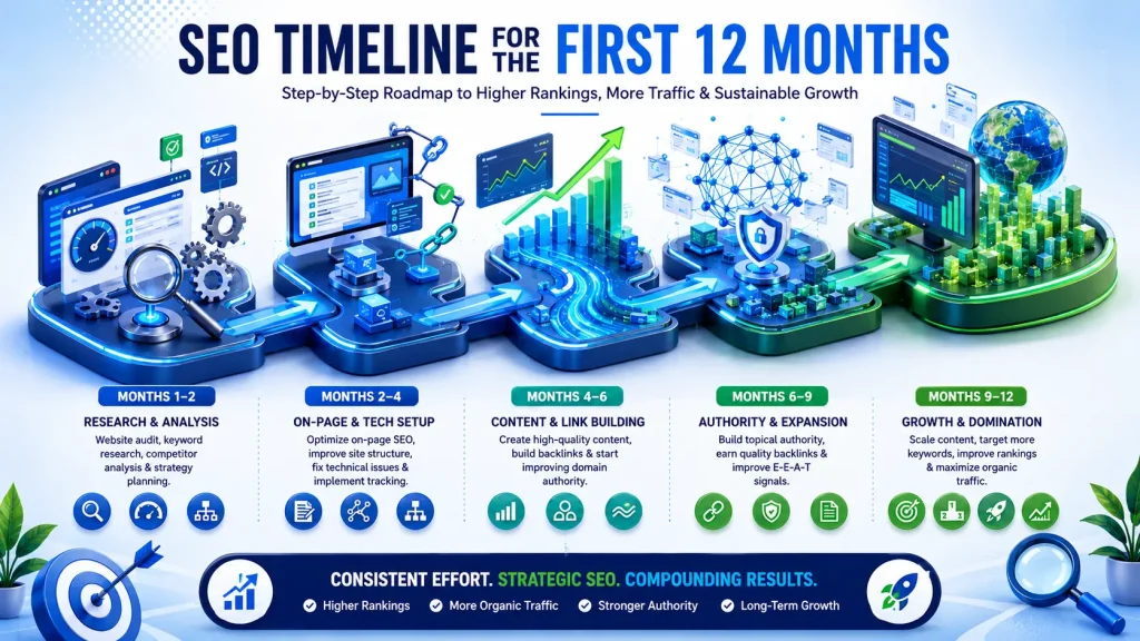 Illustration showing a 12-month SEO timeline, from technical audits and content optimization to authority building, keyword growth, and increasing organic traffic. Visual representation of long-term SEO progress and website visibility improvements. 
