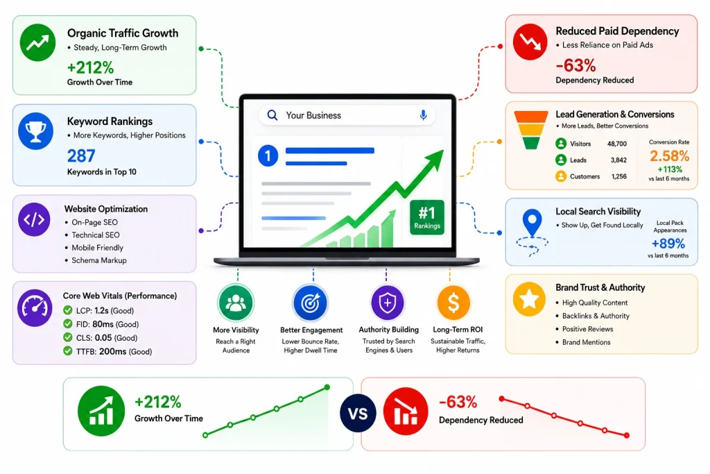 Visual representation of what makes SEO valuable for small businesses, highlighting organic traffic growth, website performance, brand visibility, and long-term lead generation. 