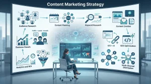 Infographic illustrating a Content Marketing Strategy 2026 workflow, including audience research, SEO, content creation, distribution, analytics, and business growth.