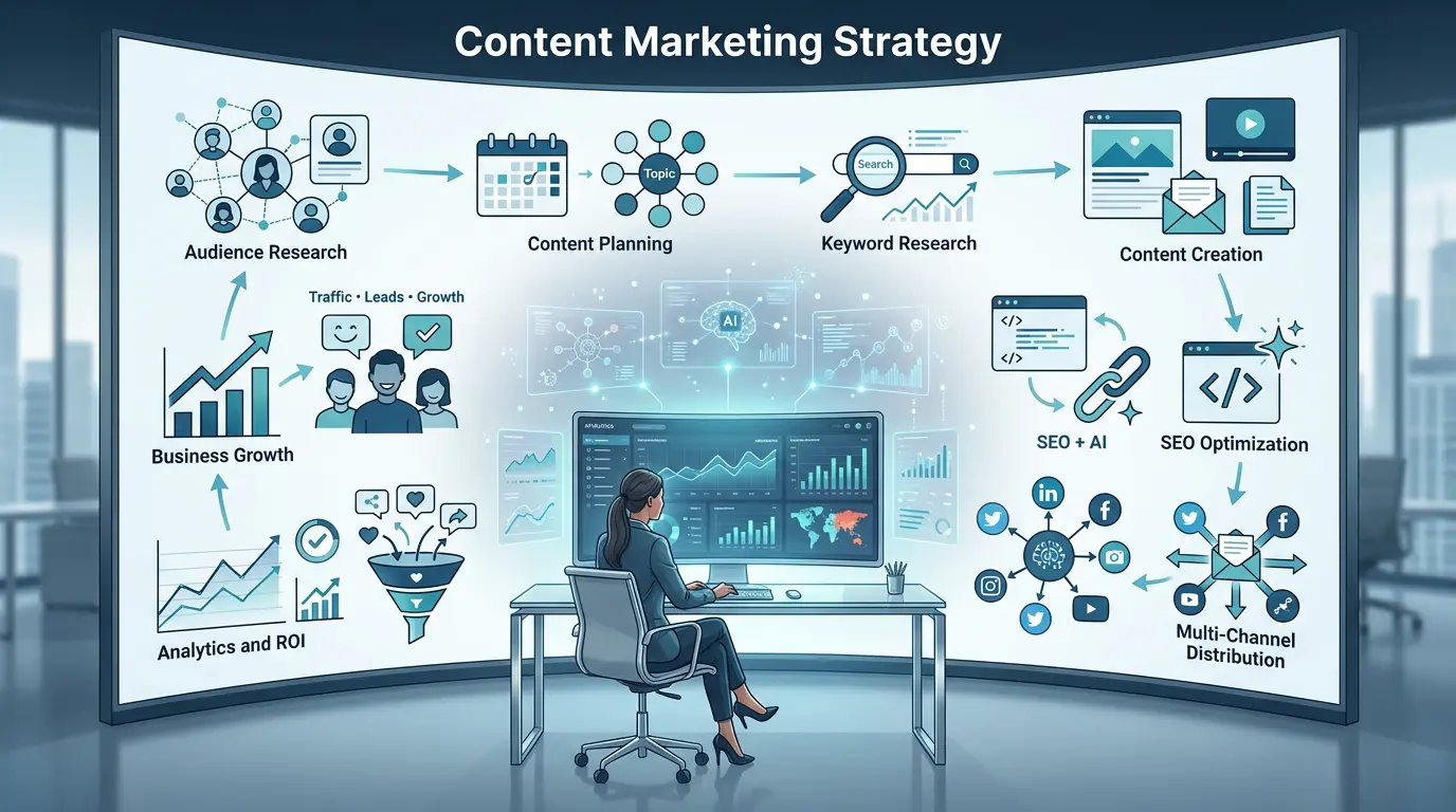 Infographic illustrating a Content Marketing Strategy 2026 workflow, including audience research, SEO, content creation, distribution, analytics, and business growth.