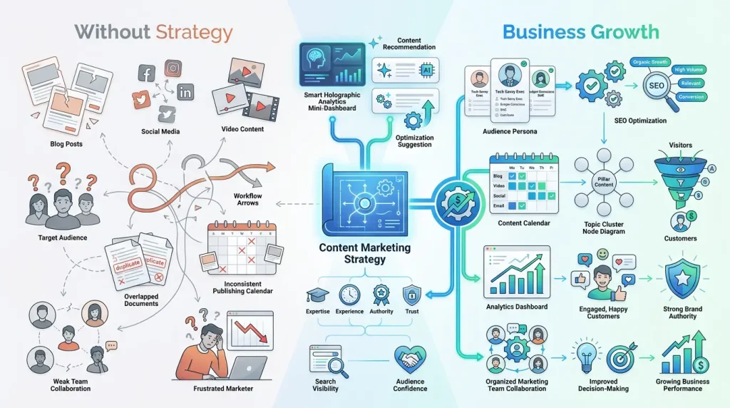 Modern landscape infographic comparing content marketing without a strategy versus a structured content marketing strategy, highlighting improved SEO, audience targeting, lead generation, and sustainable business growth.