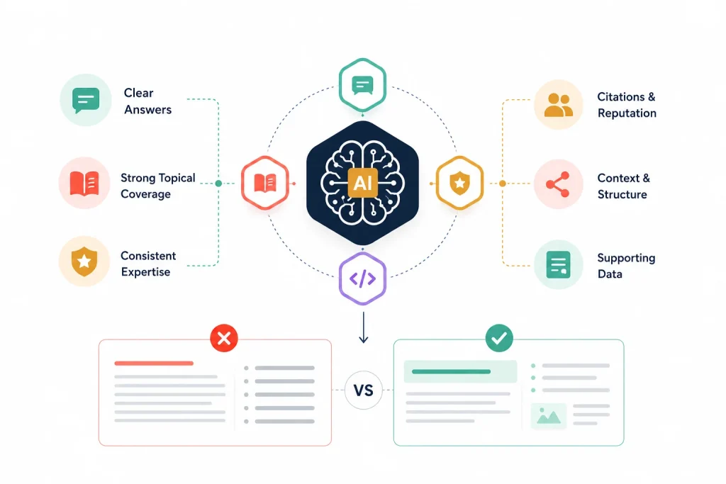 Minimal infographic showing how AI evaluates content, highlighting clear answers, topical coverage, expertise, citations, context, and supporting data, with a simple comparison of poorly structured versus AI-friendly content.