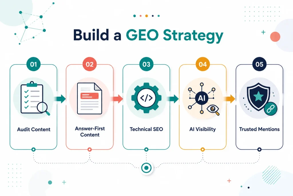 Infographic illustrating a step-by-step GEO strategy, including content auditing, answer-first content, technical SEO, AI visibility, and trusted mentions to improve AI search performance.
