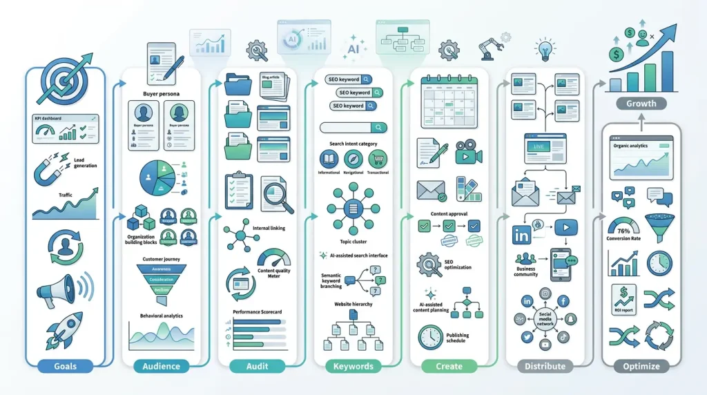 Landscape infographic explaining the seven essential steps to build a successful content marketing strategy, improve SEO, generate leads, and drive long-term business growth.
