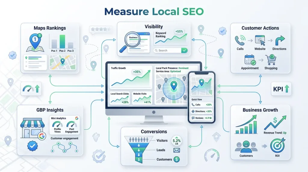 Infographic showing how to measure local SEO performance using Google Maps rankings, local search visibility, customer actions, Google Business Profile insights, conversions, and business growth metrics.
